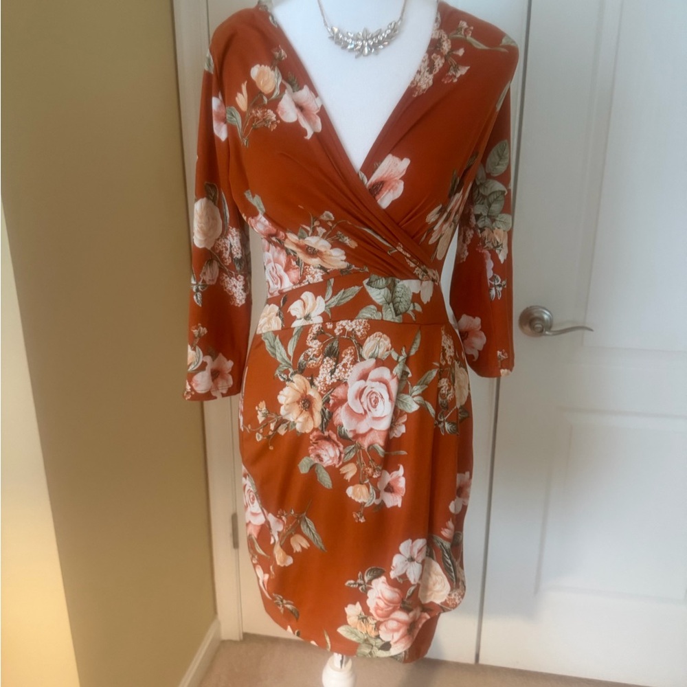 Iris Floral Long Sleeve Wrap Dress in Orange and Blush Pink!